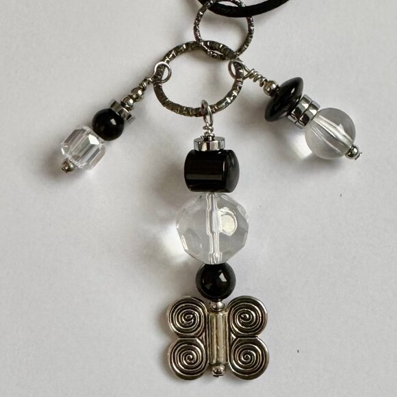 Necklace handmade 3 tier dangle silver butterfly black clear silver beads OOAK - Picture 1 of 10